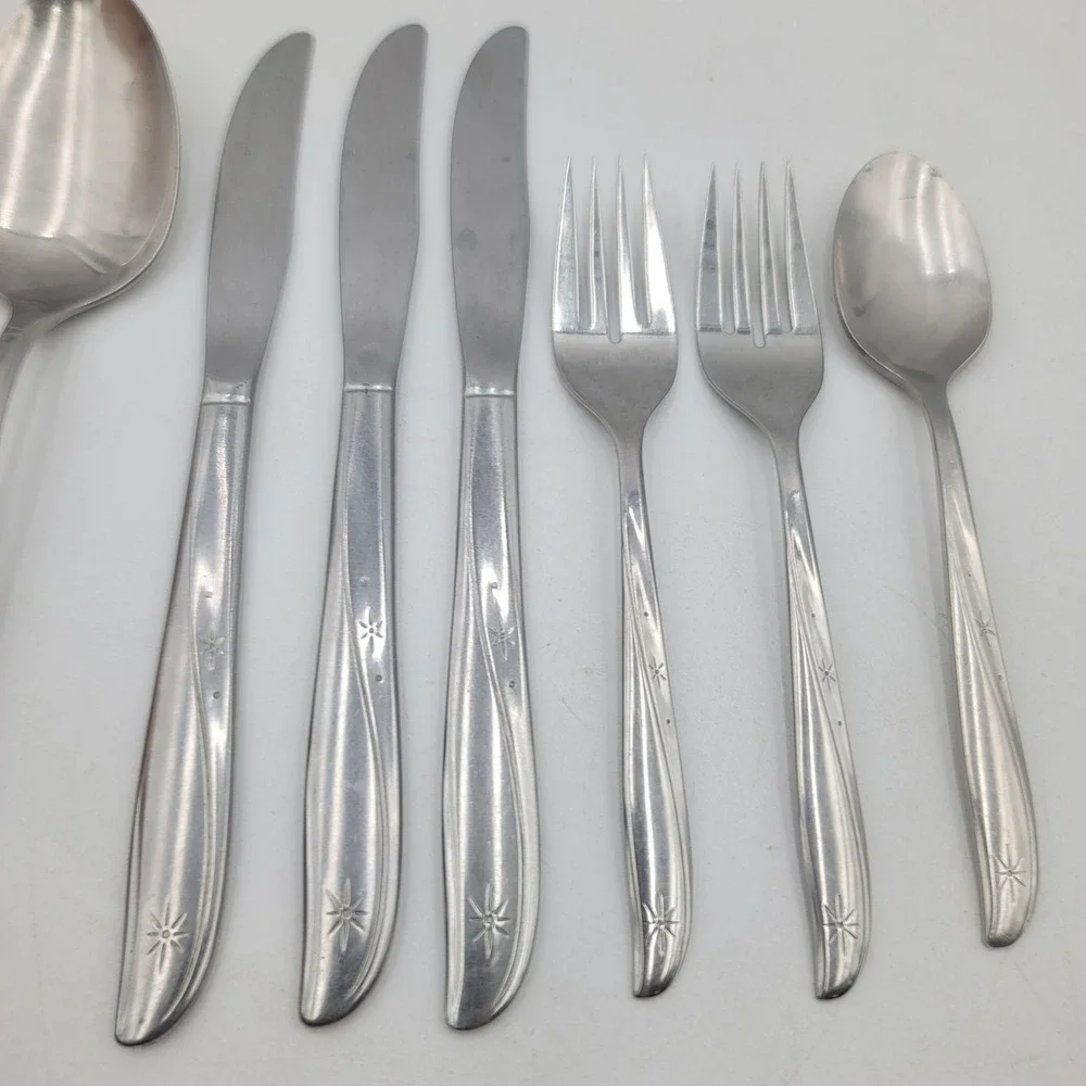 8pc Oneida Community Twin Star Stainless Flatware Set MCM Starburst Atomic